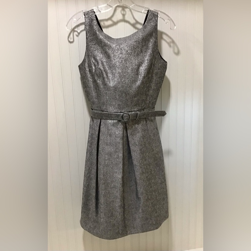 Belted metallic silver cocktail dress